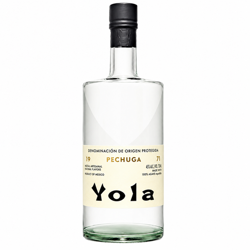 A bottle of Yola Pechuga agave spirit, featuring a clear glass bottle with a cream-colored label and a black cap, set against a plain white background.