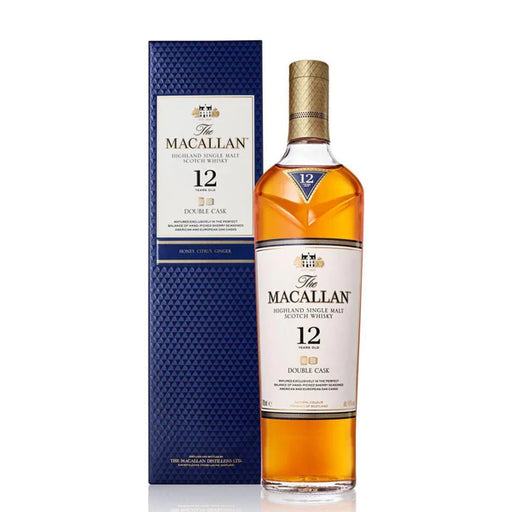 The Macallan 12 Year Double Cask Single Malt Scotch Whiskey Bottle and Box.
