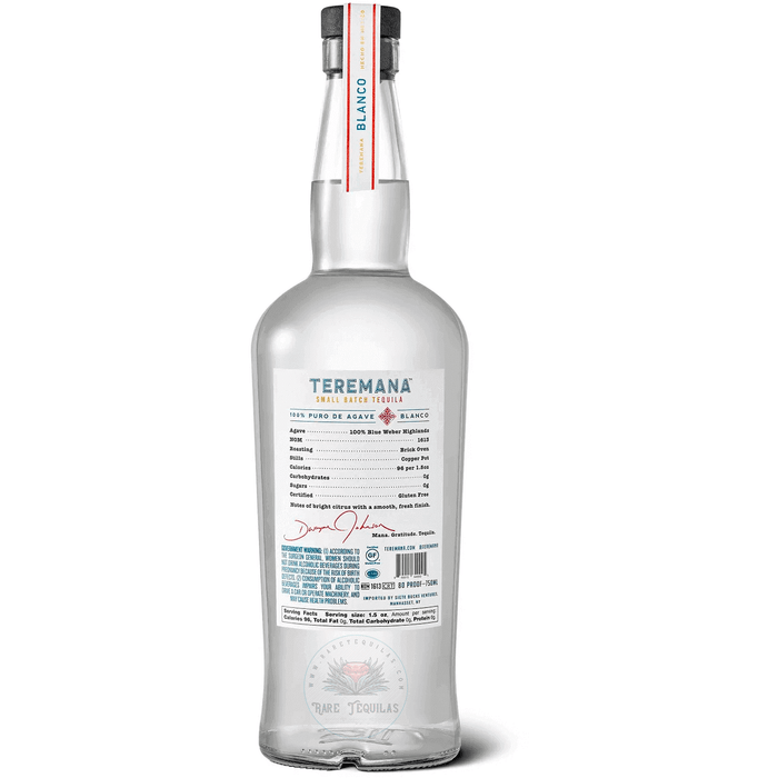 Image of the back of Teremana Blanco small batch Tequila 750 ml.