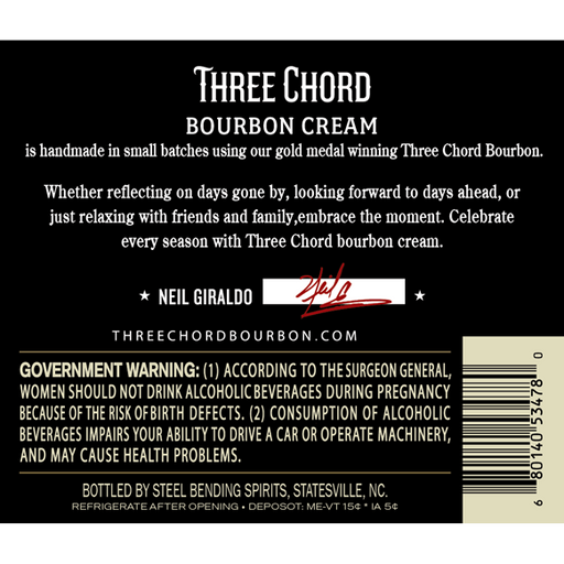 Three Chord Bourbon Cream Liqueur Back of Bottle