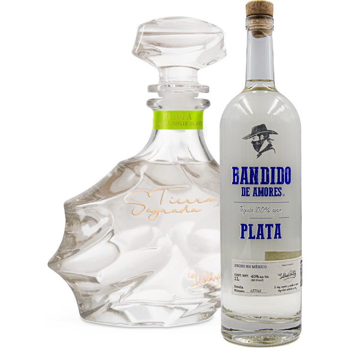 Tierra Sagrada Plata Half Gallon and bandido De Amores Plata 1 Liter bottles.