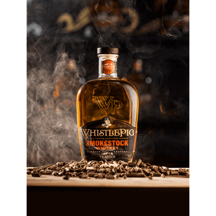 WhistlePig SmokeStock Whiskey with promo background.